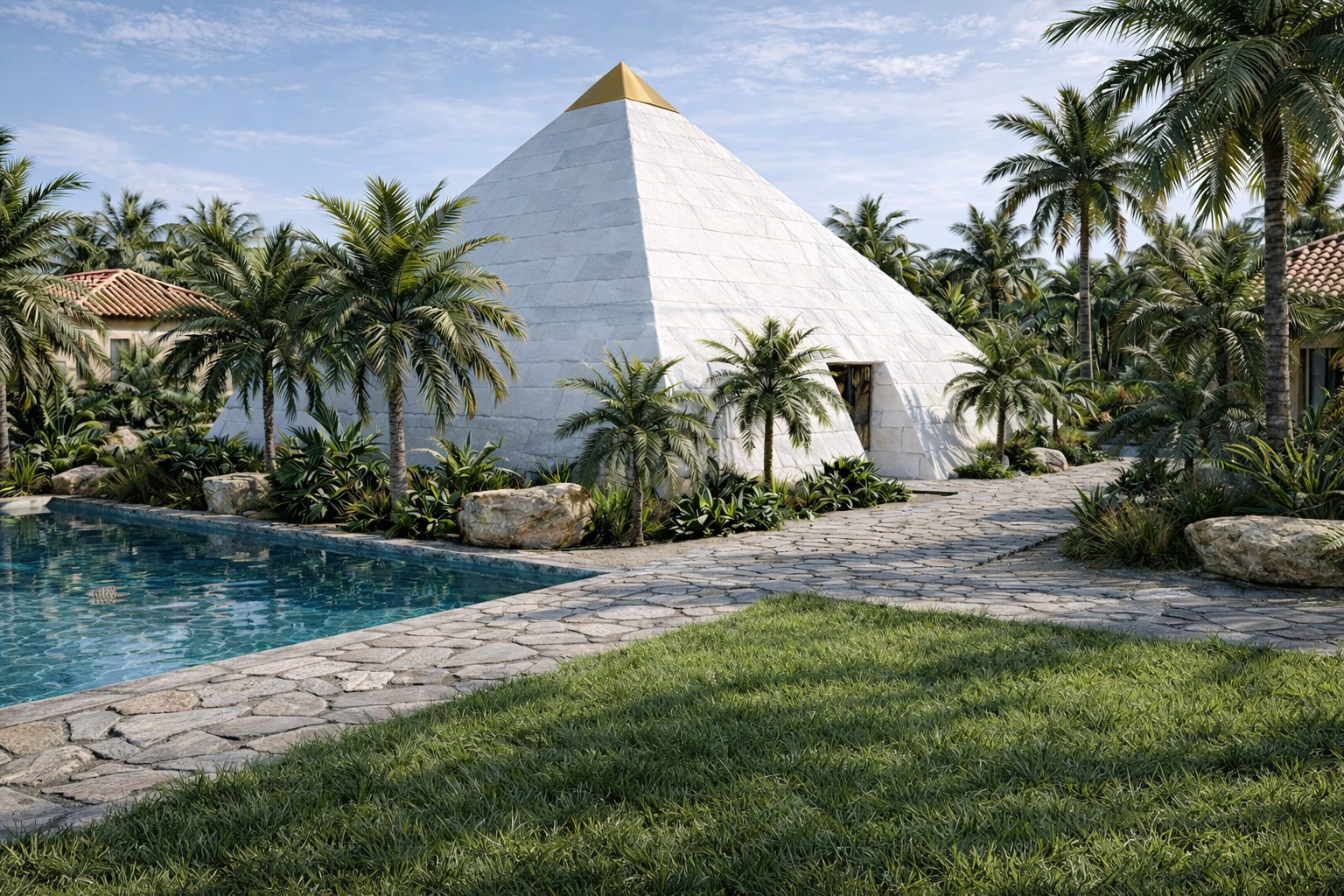 MILUJ pyramid beside tropical gardens and water